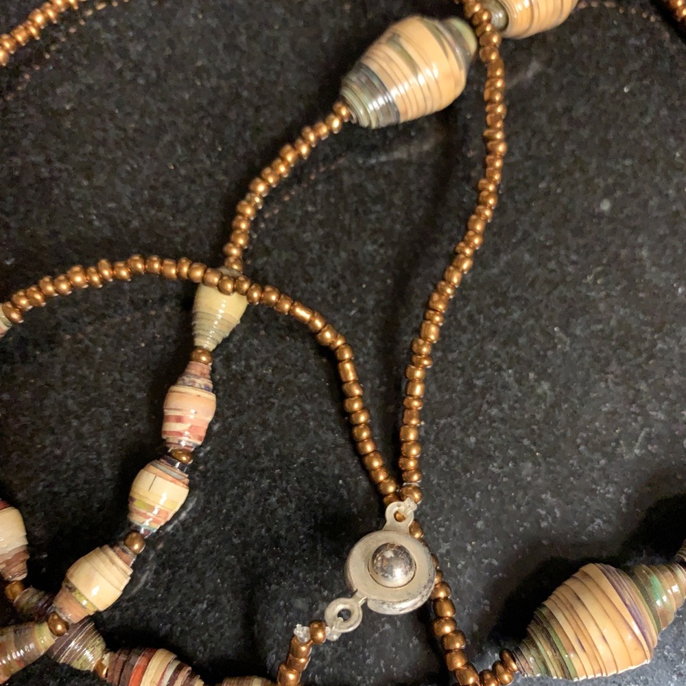 Paper bead-necklace. 30 inches long end to end.